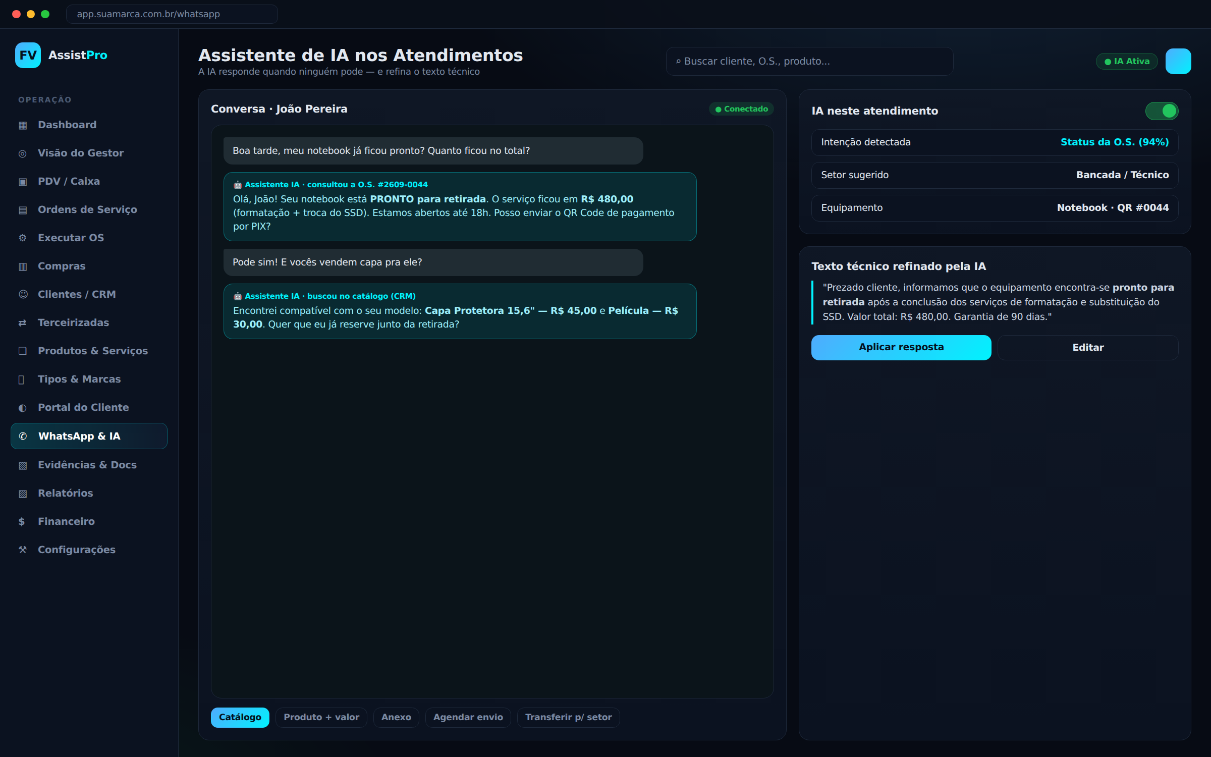 Assistente de IA respondendo o cliente no WhatsApp e consultando a O.S.